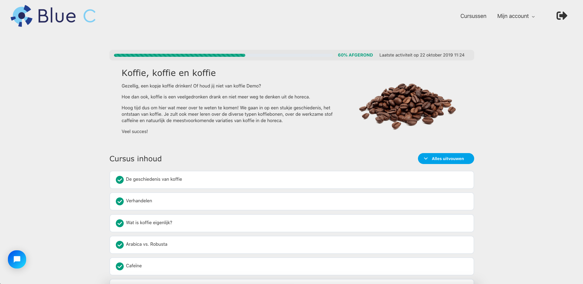 Voorbeeld van de cursus Koffie in de E-learning van Blue C
