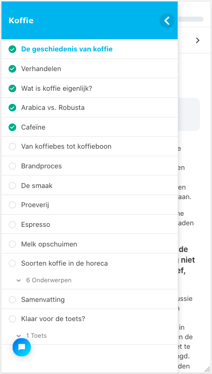 Demonstratie van E-learning op een smartphone - cursus koffie bij Blue C menustructuur